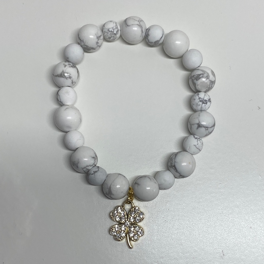 2 pcs Bracelet. Howlite Bracelet with Gold Clover Charm and Tigers Eye bracelet